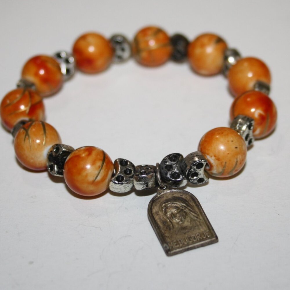 Beautiful orange and silver Medugorje "Our Lady" beaded charm bracelet 7"